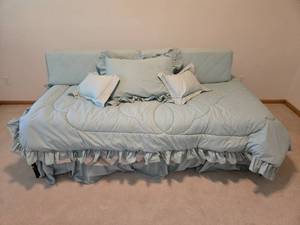 lot 212 image: Light Blue Sofa Bed with Ruffled Skirt and Pillows