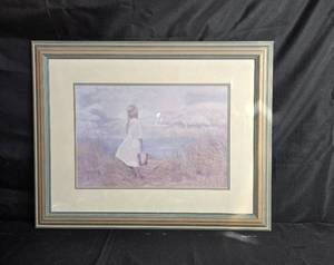 lot 243 image: Framed Artwork - Girl with Bucket by the Beach