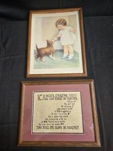 lot 254 image: Framed Vintage Art Prints - Child with Dog & Inspirational Quote