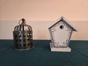 lot 334 image: Metal Decorative Lantern and Painted Birdhouse Set