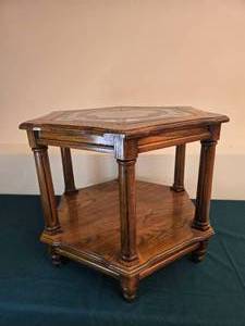 lot 336 image: Hexagonal Wood and Glass Side Table