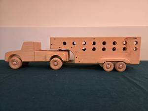 lot 338 image: Handcrafted Wooden Toy Truck with Trailer