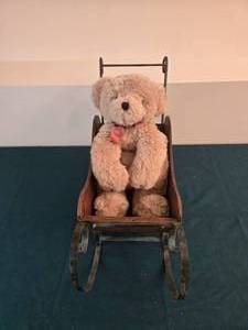 lot 434 image: Vintage Plush Teddy Bear with Decorative Wooden Sleigh