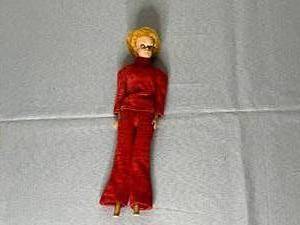 lot 493 image: Vintage 1958 Barbie Doll with Bubble Cut Blonde Hair & Red Bell Bottom Outfit