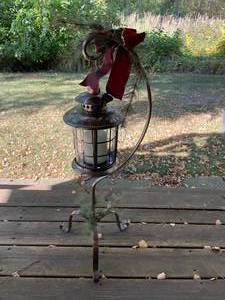 lot 457 image: Decorative Metal Lantern with Stand and Red Bow