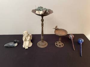 lot 458 image: Lot of Decorative Items Figurines, Garden Stands, and Glass Watering Bulbs