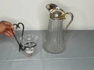 lot 362 image: Vintage Glass Pitcher with Danish Iron Tabletop Oil Burner