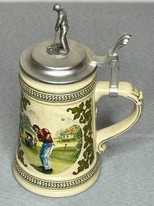 lot 365 image: Vintage Golf-Themed Stein with Pewter Lid