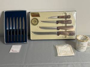 lot 369 image: Chicago Cutlery and American Made Cutlery Knife Sets in Orig Pkg with Breakfast Club Mug w Gold Trim