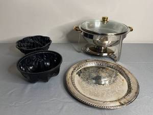 lot 371 image: Assorted Kitchenware Lot - Bundt Pans, Chafing Dish, and Decorative Silver Toned Tray
