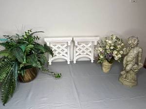 lot 380 image: Decorative Set Artificial Plants, Wall Brackets, and Sculpture