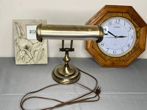 lot 382 image: Decorative Lot Accents Picture Frame, Brass Lamp, Octagonal Wall Clock