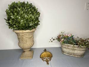 lot 383 image: Decorative Faux Plant Lot with Planters and Metal Wall Hook