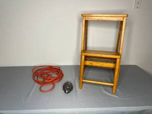 lot 384 image: Wooden Step Stool with Stanley Chalk Line and Extension Cord