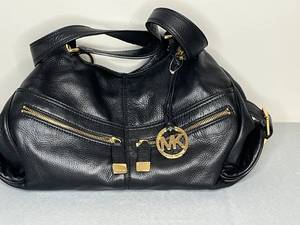 lot 471 image: Michael Kors Black Leather Hand Bag w Gold Hardware