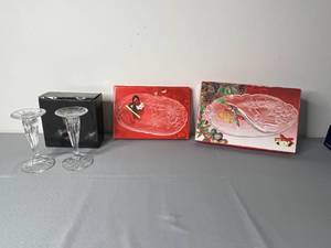 lot 520 image: Mikasa Crystal Holiday Bells Collection - Relish Plate, Oblong Plate, and Candle Holders