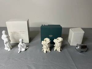 lot 579 image: Lenox Porcelain Rose Candlesticks, The Childrens Adoration Figurines & A Cast Iron Pig Figurine