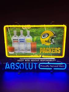 lot 69 image: Green Bay Packers NFL Football Absolute Vodka Neon Sign