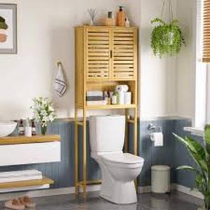VEIKOUS 24.4 in. W x 66.9 in. H x 9.5 in. D Yellow Bamboo Bathroom Over-the-Toilet Storage with Removable Shelf and Doors Customer Returns See Pictures