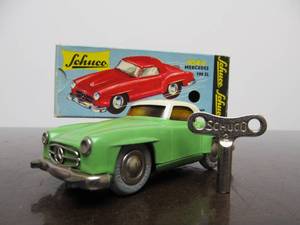 lot 154 image: Vintage SCHUCO Micro-Racer Car wKey - Green & White Mercedes 190SL wYellow Windows & Original Box