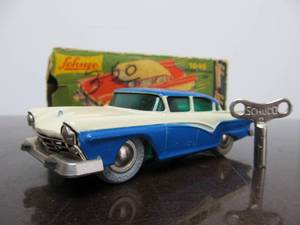 lot 168 image: Vintage SCHUCO Micro-Racer Car wKey - Blue & White FORD Green Windows wOriginal Box