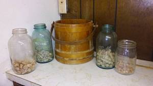 ANTIQUE WOODEN PAIL WTURNED SPINDLES, GLASS JARS WPLUGS & SPINDLES