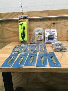 lot 150 image: Cabelas Panel Board, Line Counter and Various Weights and Lures