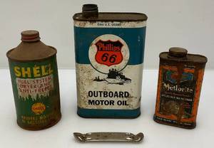lot 12 image: Misc. Vintage Collectible Cans Including Phillips 66 Outboard Motor Oil, Shell Cone Top & More