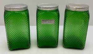 lot 22 image: 1930s Owens Illinois Green Depression Glass Canisters With Aluminum Lids