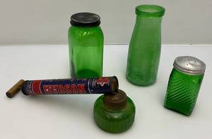 lot 23 image: 1930s Owens Illinois Green Depression Glass Salt Or Pepper Shaker & More  With Aluminum Lids