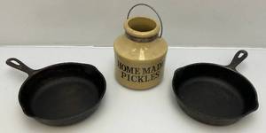 lot 43 image: Misc. Cast Iron  8 Skillets & Vintage Home Made Pickles Pottery Jar