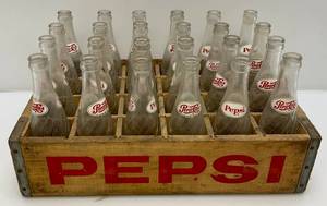 lot 89 image: Vintage Wooden PEPSI Case With 24 Vintage  PEPSI Bottles