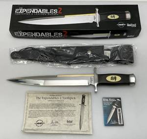 lot 114 image: Gil Hibben Expendables 2 Toothpick Knife Movie Replica  Stainless Steel Blade Leather Sheath & Wooden Handle (NIB)