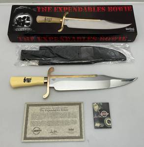 lot 115 image: Gil Hibben Expendables Bowie Knife Movie Replica 14 Stainless Steel Blade Leather Sheath & Synthetic Ivory Handle (NIB)