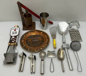 lot 130 image: Misc. Vintage Utensils Including Jim Beam, Can Crusher & More