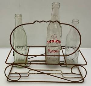 lot 144 image: Vintage Decorative Soda Bottle Carrier With Some Vintage Bottles Including Coca Cola & More