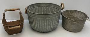 lot 155 image: Misc. Vintage Items Including Galvanized Bushel Basket With Rope Handles & More