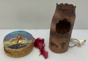 lot 195 image: Sanchez American Indian Warrior End Of Trail Hand Painted Tarahumara Indian Drum & Native American Themed Lamp (T)