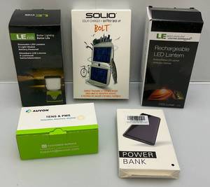 lot 247 image: LE Brand Rechargeable Camp Lights & Misc. Power Banks Including Solar (NIB) (CL)