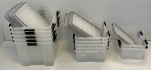 lot 259 image: 12 Misc. Sizes Of Clear Totes With Lids  5 (17L x 22W x 13H) 5 (19L x15W x 7T) 2 (17 L x 11 W x 7 T) (NEW) (CL)