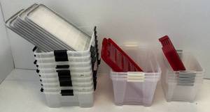 lot 262 image: 17 Misc. Clear Totes With Lids 9 (22 L x 17 W x 7 T) 3 (21 L x 16 W x 12 T) 5 (15L x 12 W x 9 T) (NEW) (CL)