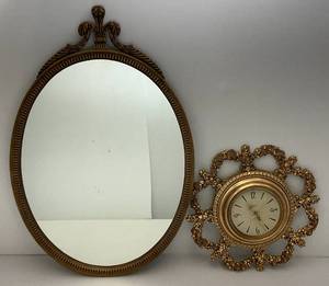 lot 277 image: Ornate Framed Mirror & Ornate Syroco Brand Clock 26 x 38