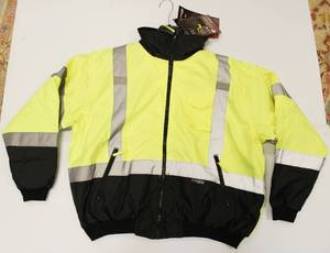 lot 10 image: Majestic 2 In 1 Bomber Jacket Yellow, Class 3 Hi Visibility Black Bottom Size X Large, ANSI Certified, New.