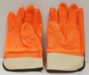 lot 112 image: Majestic PVC 6 Pairs Orange Fluorescent Work Gloves Foam Lined For Super Warmth, Safety Cuff, Heavy Grit Palm, Size Large