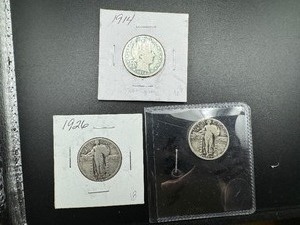 lot 73 image: Three Silver Quarters 1914 Barber, 1926 and 1927 Standing Liberty
