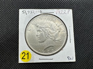 lot 21 image: 1922 Peace Silver Dollar Marked BU When Purchased