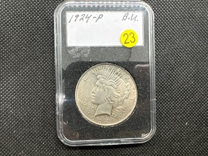 lot 23 image: 1924 Peace Silver Dollar from Original Roll  in Slab Marked BU When Purchased -  PQ Coin with Great Luster