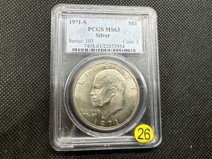 lot 26 image: 1971-S 40% Silver Eisenhower Dollar PCGS MS63 -  PCGS Price Guide is $17