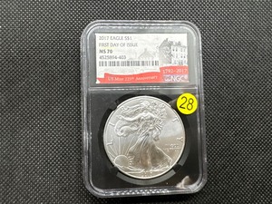 lot 28 image: 2017 American Silver Eagle FIRST DAY OF ISSUE NGC MS70 - NGC Price Guide is $60