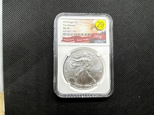 lot 29 image: 2018 American Silver Eagle FIRST RELEASES NGC MS70 - NGC Price Guide is $60